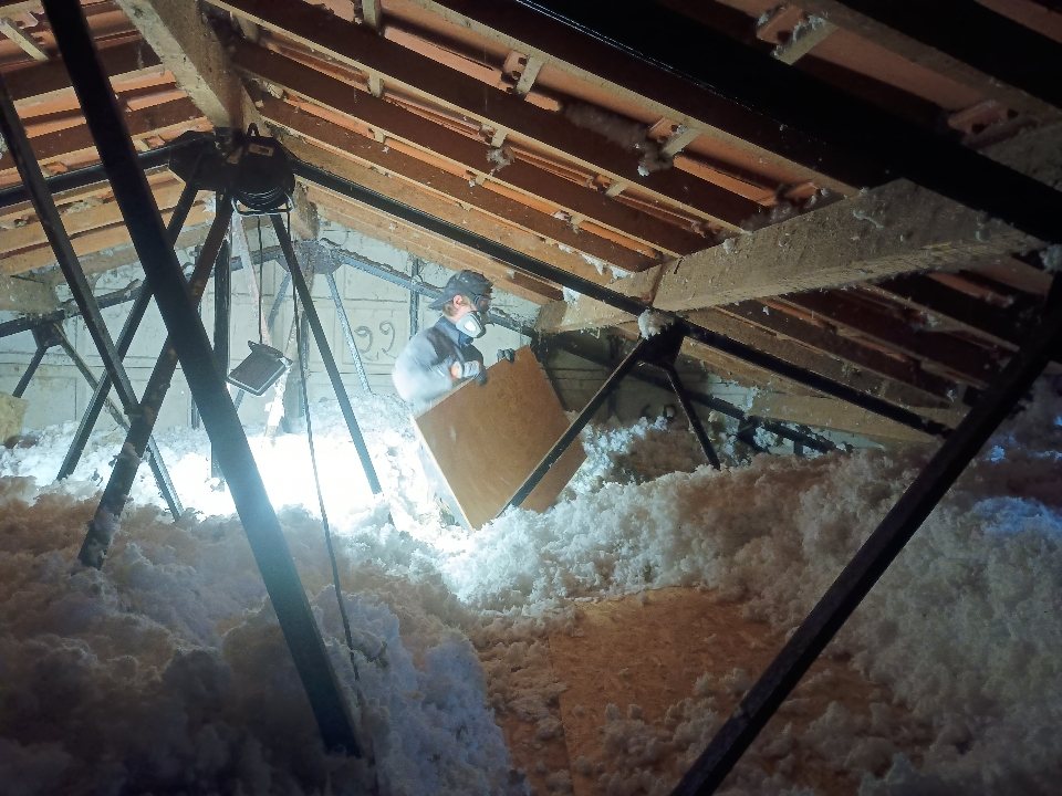 Artisan posant des déflecteurs en OSB dans les combles pour protéger l’isolation soufflée et améliorer la ventilation