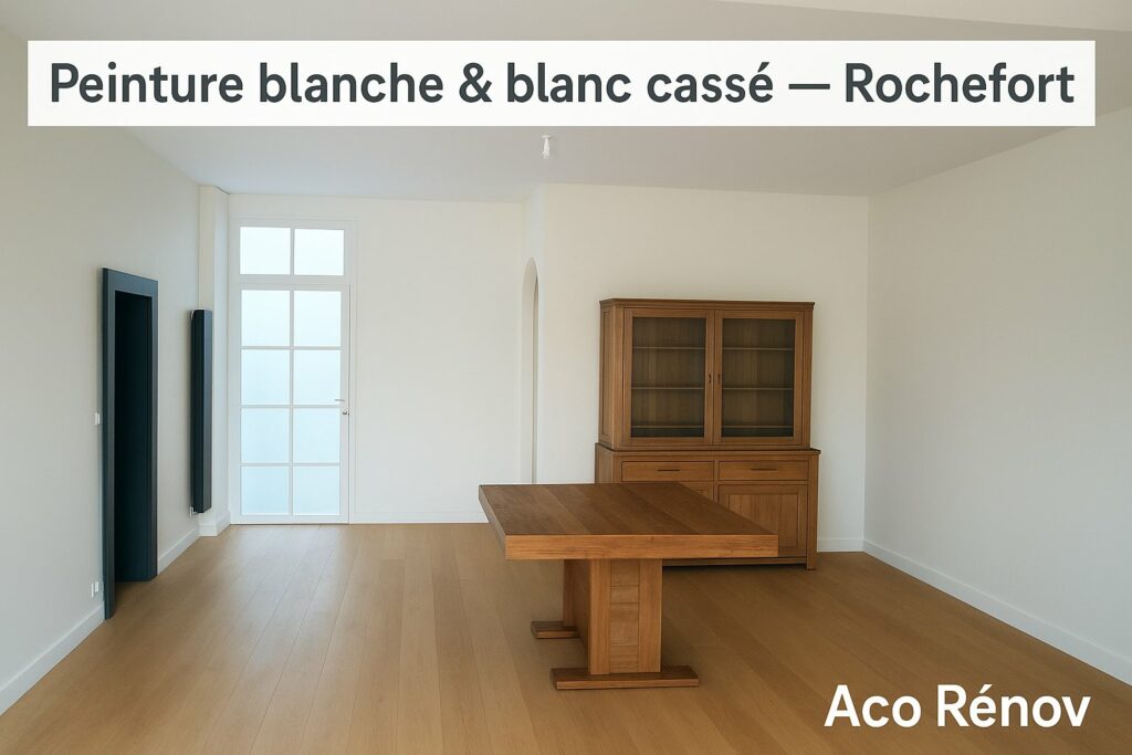 Travaux de peinture à Rochefort avec application d’une finition blanche et blanc cassé sur un mur rénové – résultat final propre et lumineux.