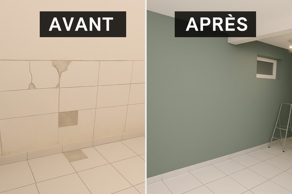 Avant/après d’un mur rénové à La Rochelle : dégradations dues à un dégât des eaux puis finition en peinture avec raccord projeté grain.