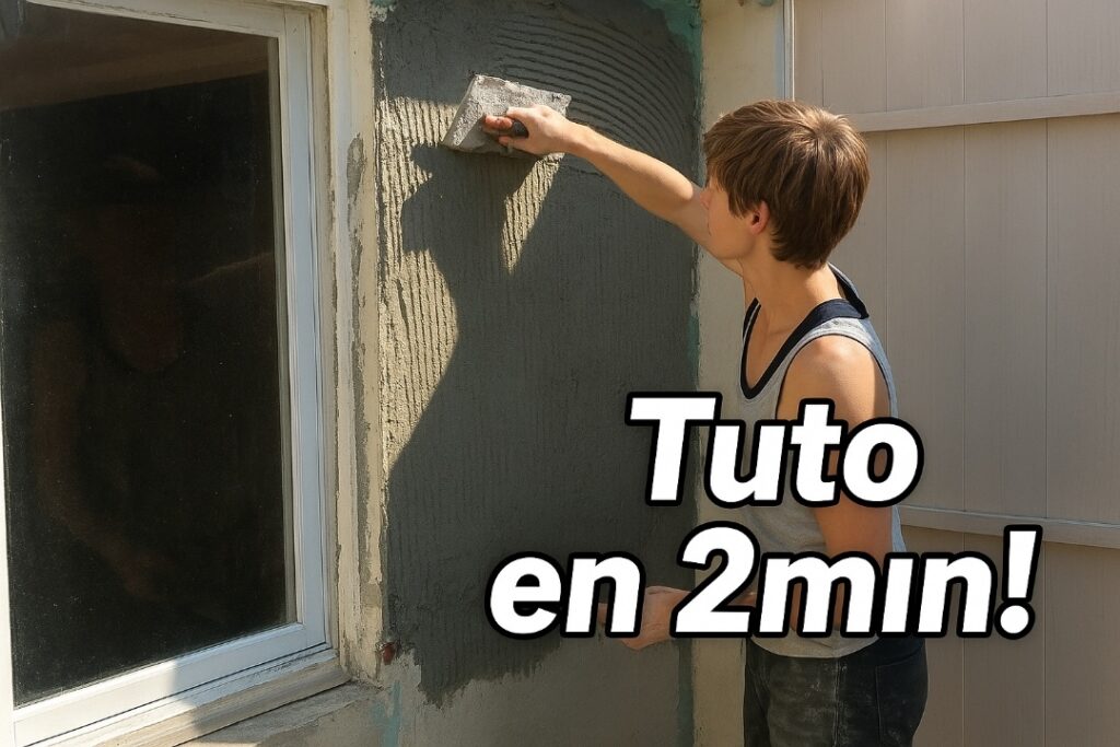 Application manuelle d’un enduit de façade autour d’une fenêtre à La Rochelle lors de travaux de rénovation extérieure