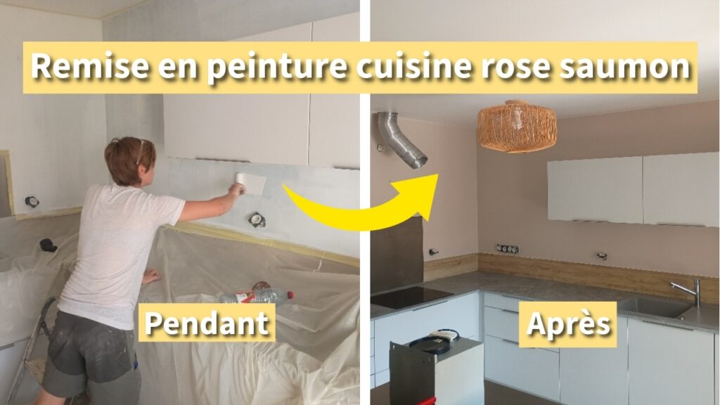 Avant pendant après d’une remise en peinture de cuisine à Périgny en teinte rose saumon