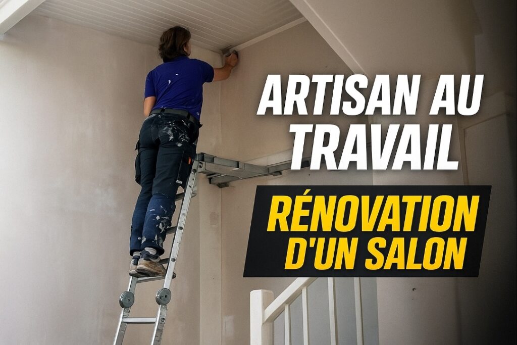 Artisan en cours de rénovation d’un salon à Périgny avec finitions murales et plafond