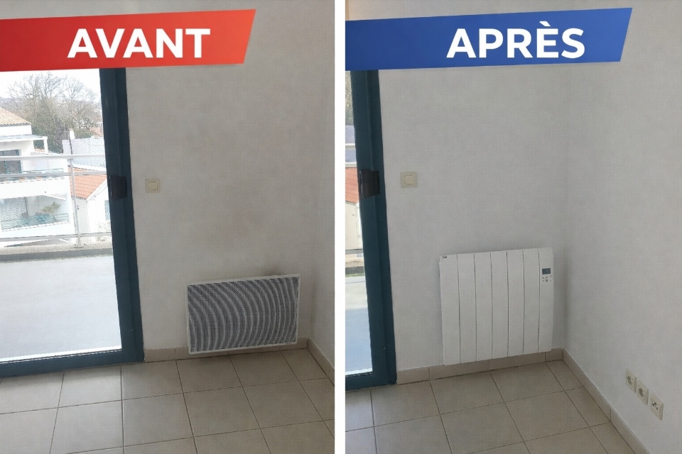 Avant après remplacement d’un convecteur par un radiateur lors de la rénovation d’un appartement à La Rochelle