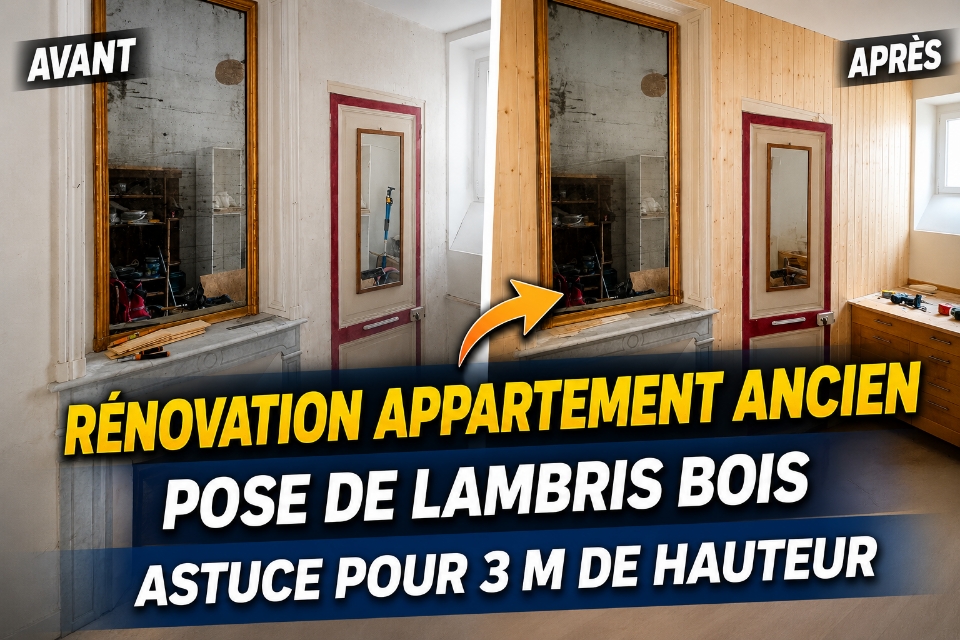 Comparaison avant après d'un mur d'appartement ancien rénové avec la pose d'un lambris bois massif autour d'une cheminée en marbre à La Rochelle.