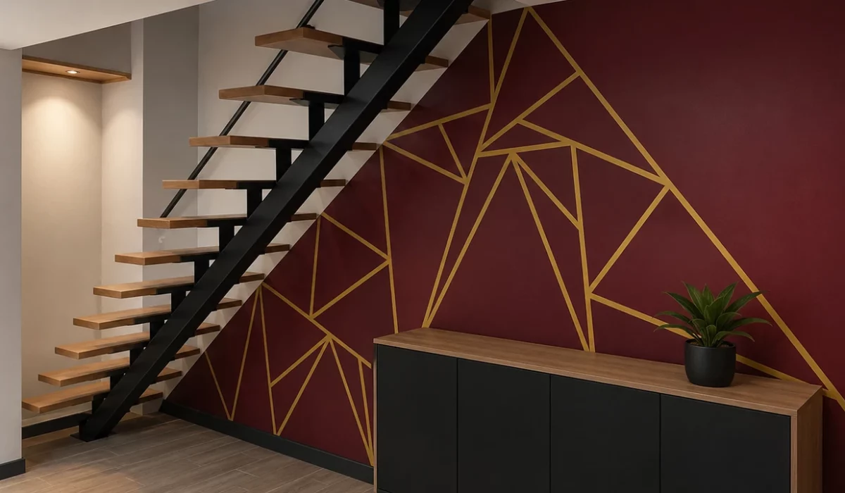 Mur décoratif peint avec motifs géométriques dans une cage d'escalier rénovée à La Rochelle par ACORENOV.