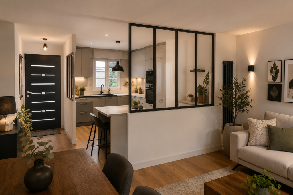 Rénovation intérieure moderne avec verrière atelier sur mesure réalisée par ACORENOV à La Rochelle.